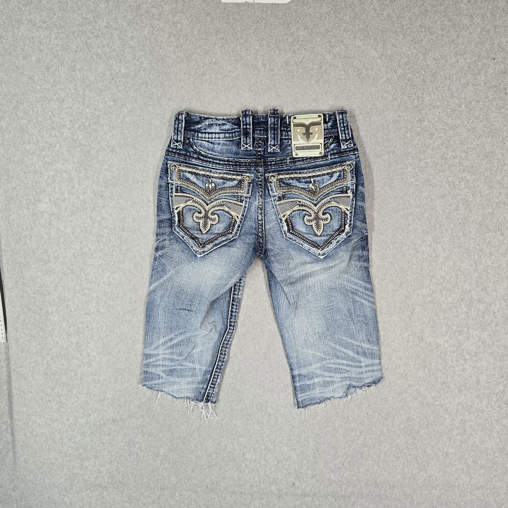 Rock Revival Men Shorts 27 Blue Denim Kester Slim Straight Rhinestone Cut Off